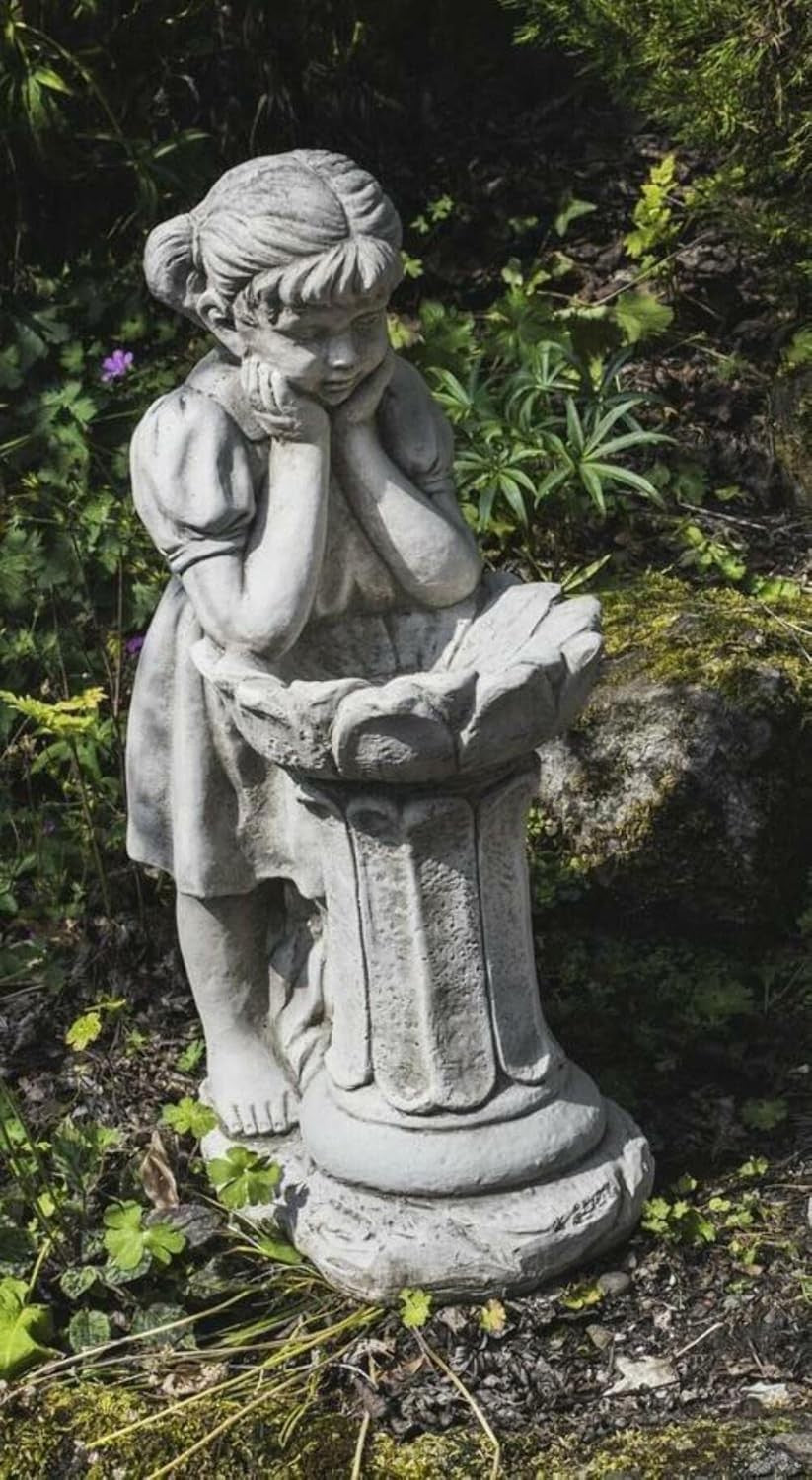 Stone Cast Girl Bird Bath Sculpture Garden Ornament Antique Stone Feeder