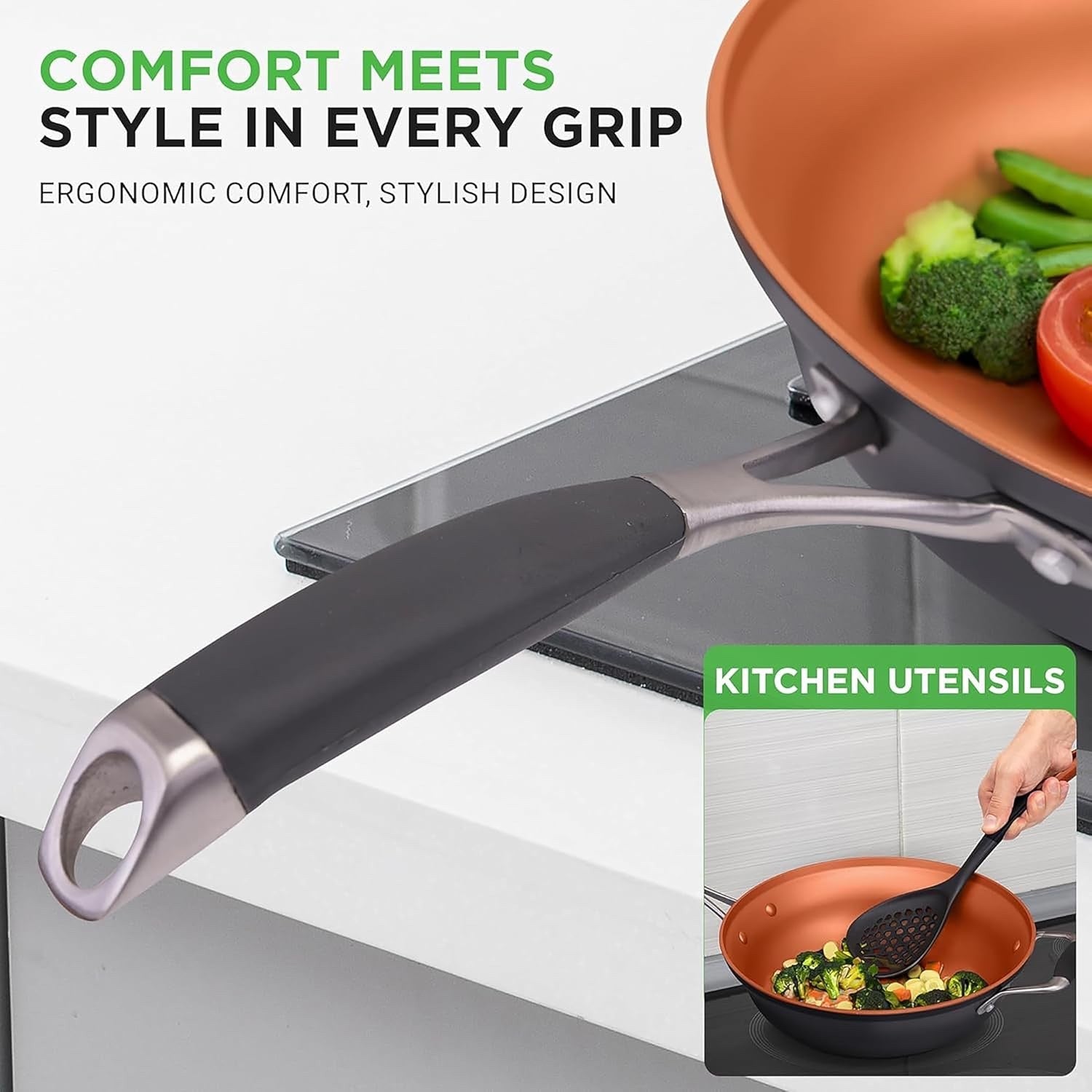 14pcs Copper Ceramic Stackable Non Stick Cookware Set Induction Safe Pots & Pans