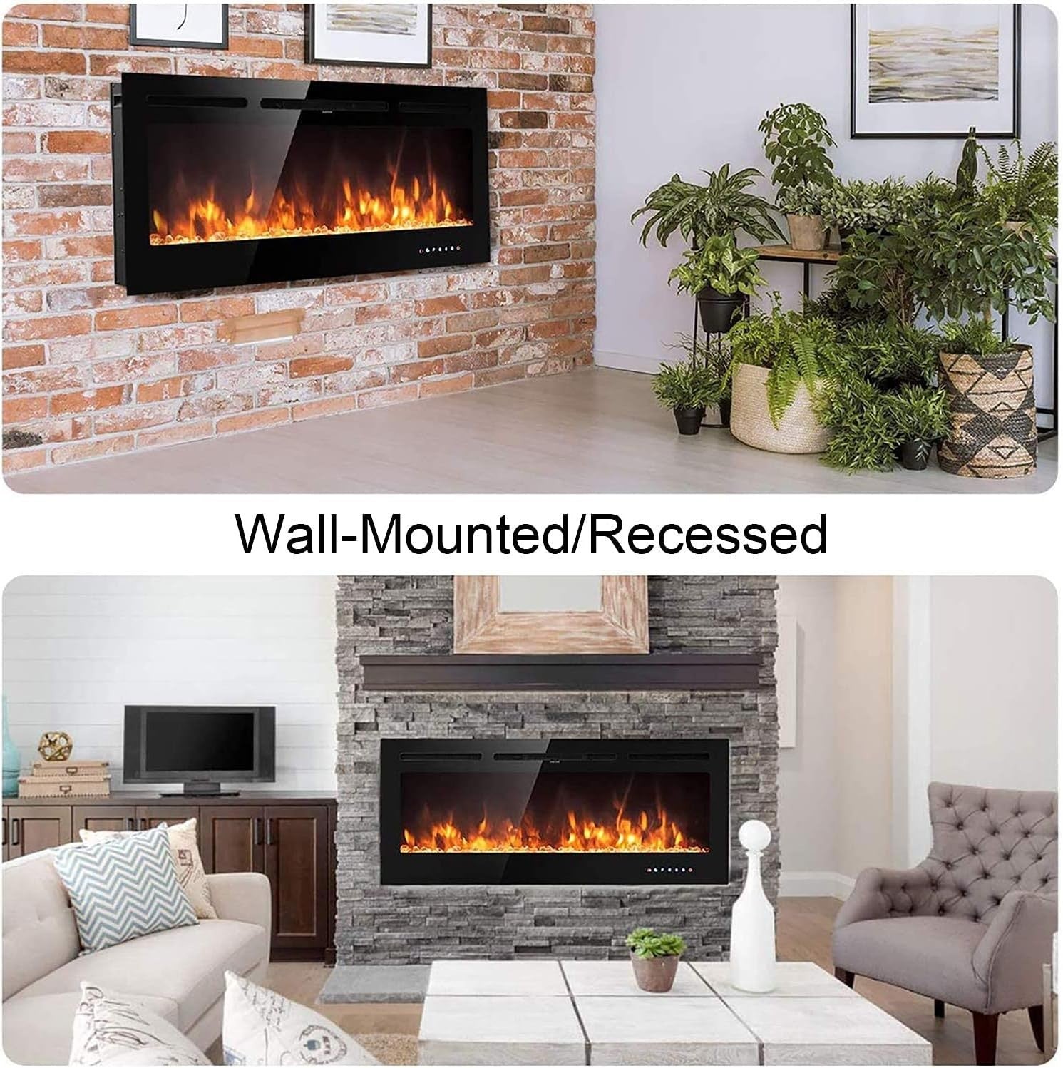 Wall Mounted Electric Fireplace 1800W Touch Remote LED Flame Adjustable