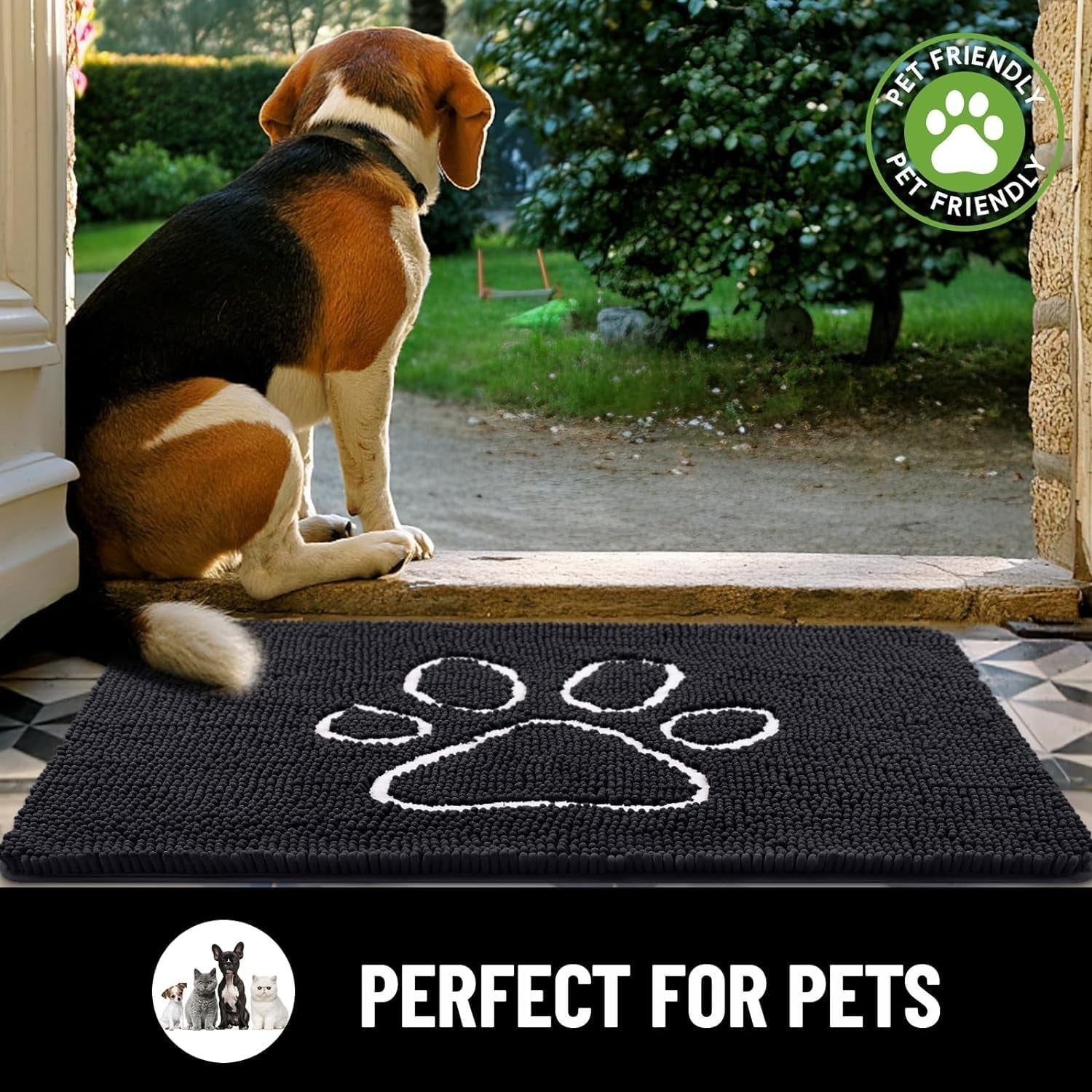 Dog Door Mat Super Absorbent Non Slip Chenille Black Entrance Rug 76x121cm