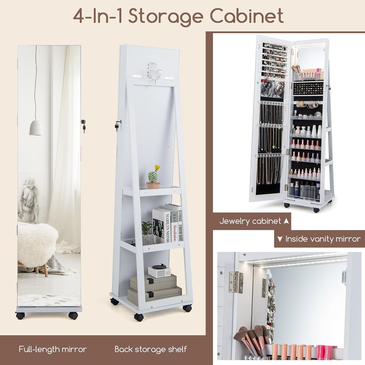 White LED Jewelry Cabinet Mirror Lockable Rolling Storage Organizer
