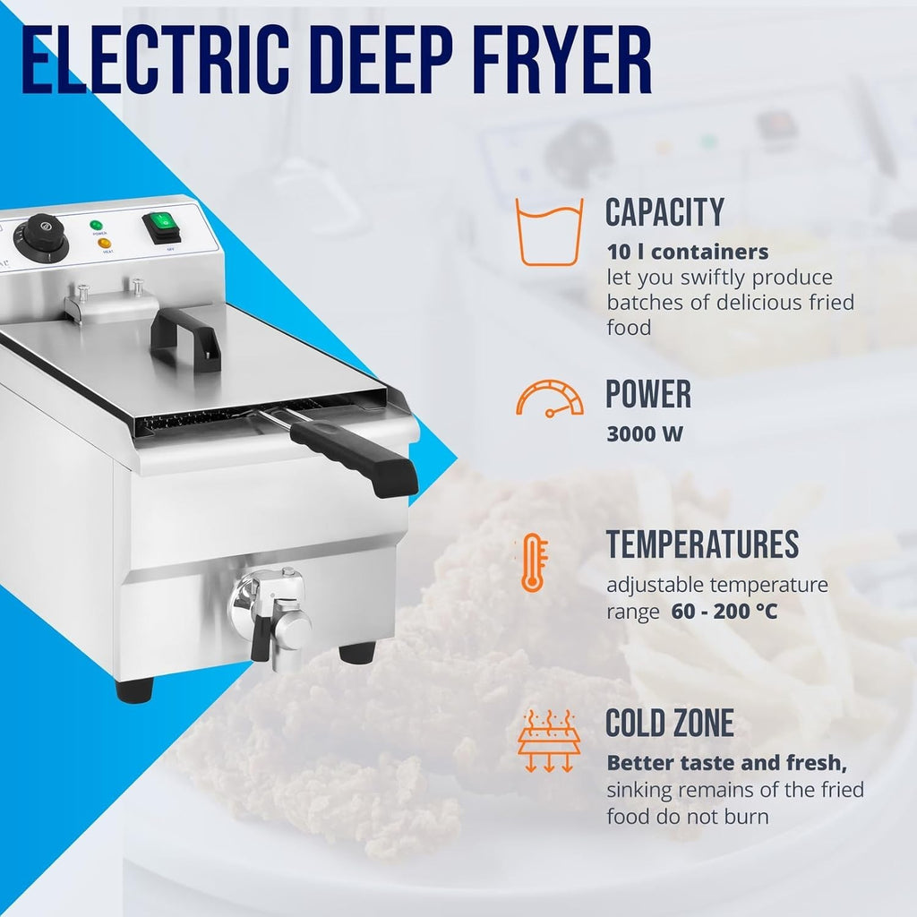 10L Electric Deep Fat Fryer 3000W Stainless Steel With Drain Tap