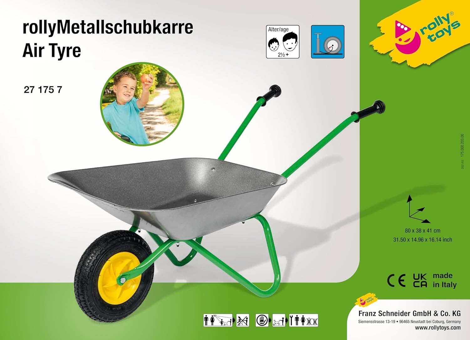 Kids Metal Wheelbarrow – Green/Grey – Pneumatic Tyre, Durable Steel Frame 50kg