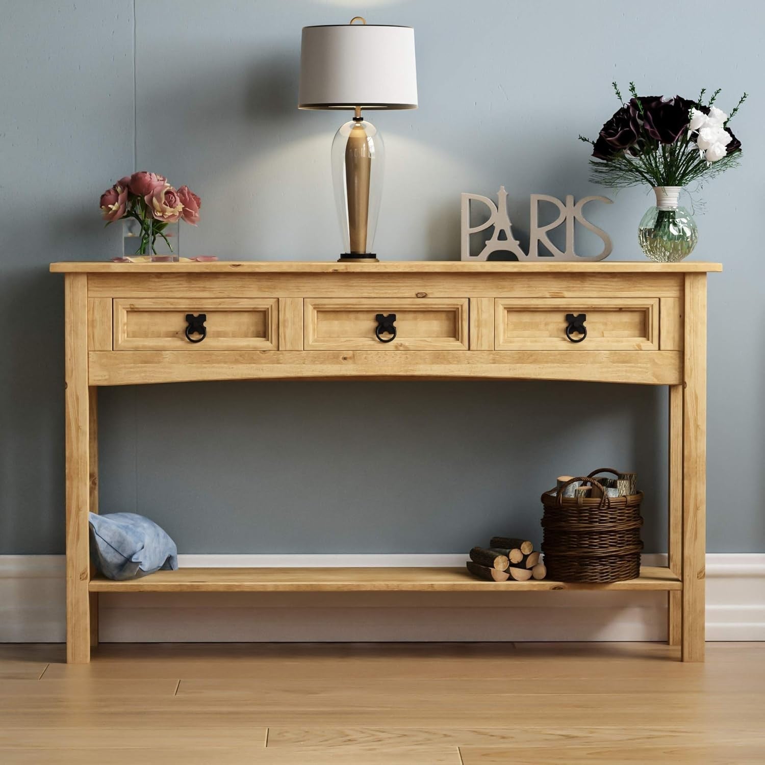 Solid Wood Console Table with Drawers & Shelf – Rustic Hallway Storage