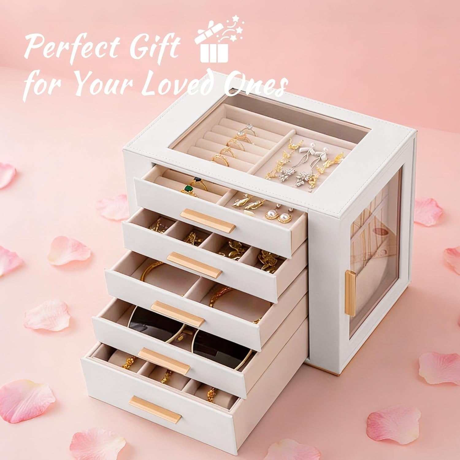 White PU Leather Jewellery Organizer Box 5 Layer Drawer Storage Case