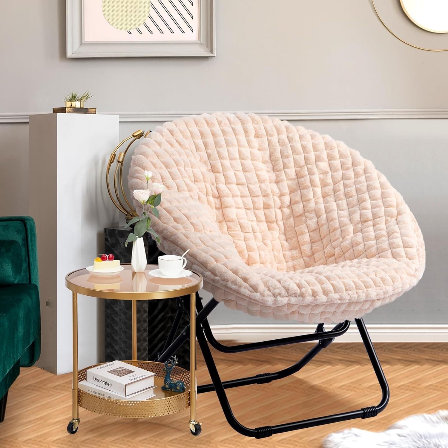 Comfy Faux Fur Folding Moon Chair - Portable Lounge Chair for Living Room