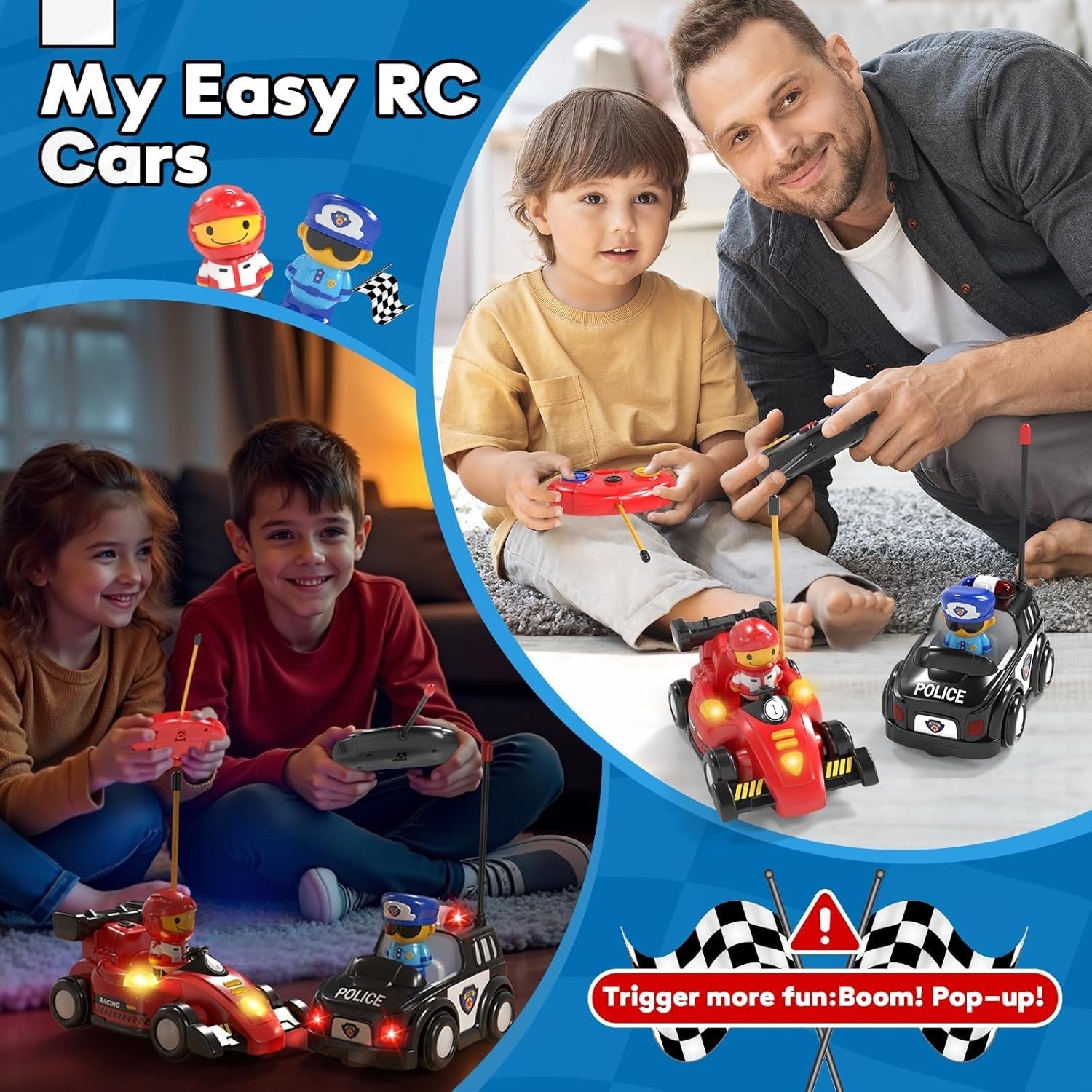2 Pack RC Cars for Kids 1–3 Pop-Up Police & Race Car Lights Music Remote Control