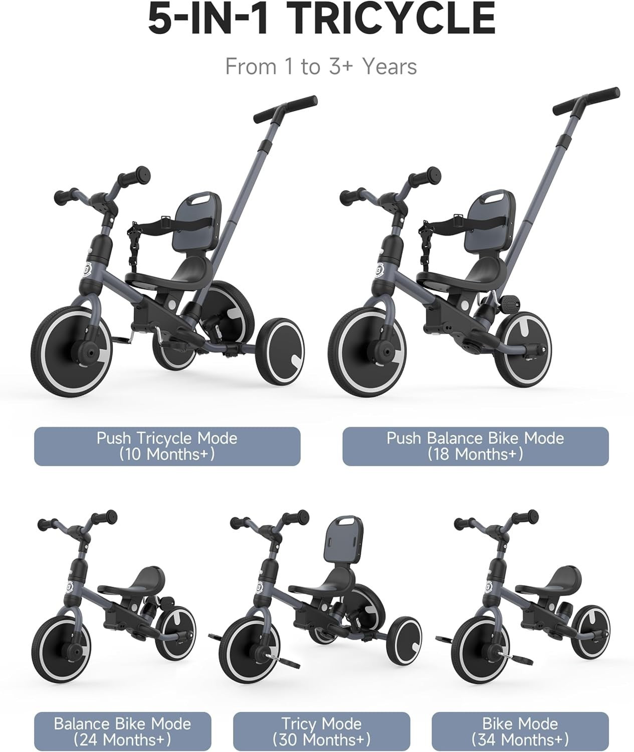 5 In 1 Toddler Trike Push Handle Safety Harness Balance Bike Ride On