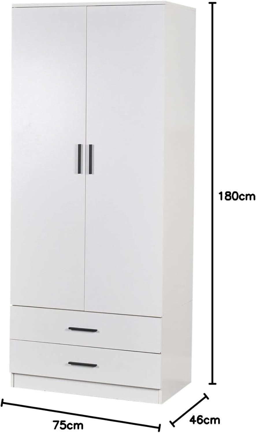 White 2 Door Wardrobe with Drawers Modern Bedroom Storage Cabinet