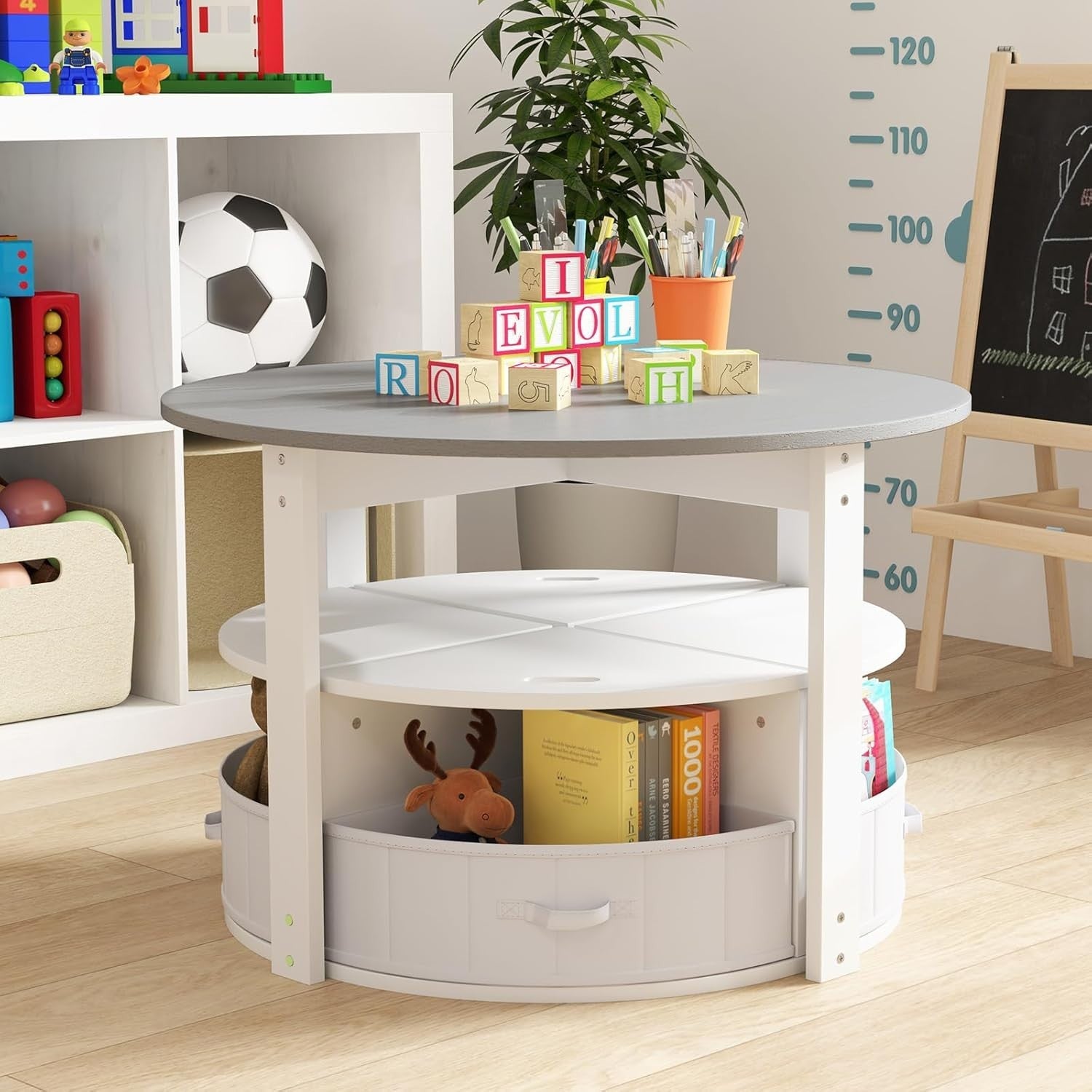 Kids Round Table & 4 Storage Stools Set with Fabric Bins for Play & Learn