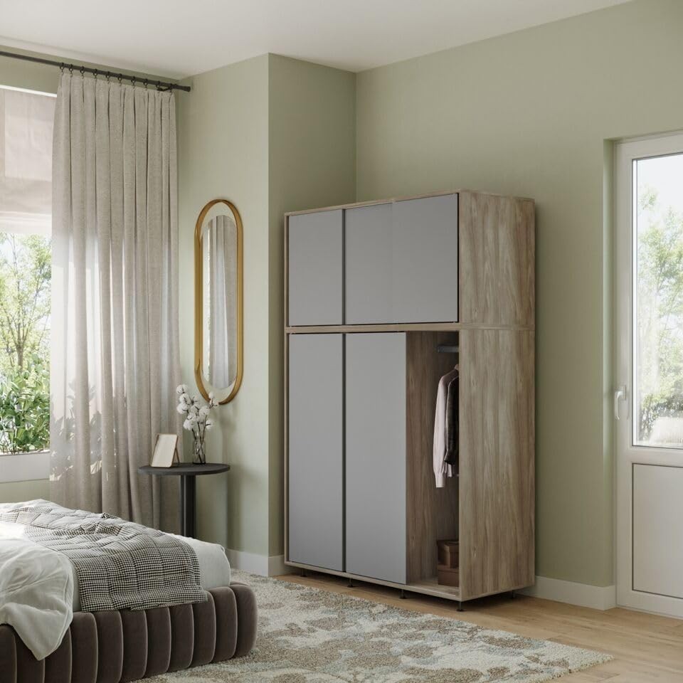 6-Door Grey Oak Sliding Wardrobe with Adjustable Feet & Hanging Rail