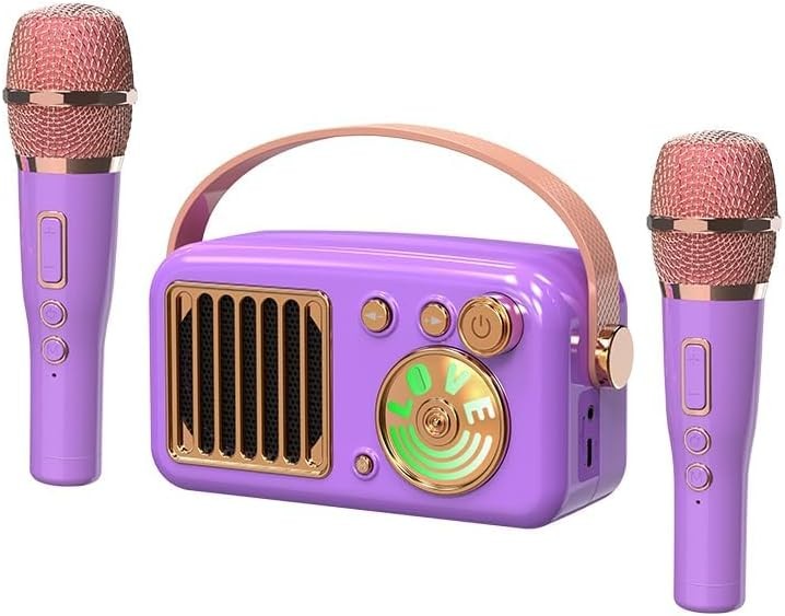 Bluetooth Karaoke Machine 15W Speaker 2 Mics LED Lights Purple