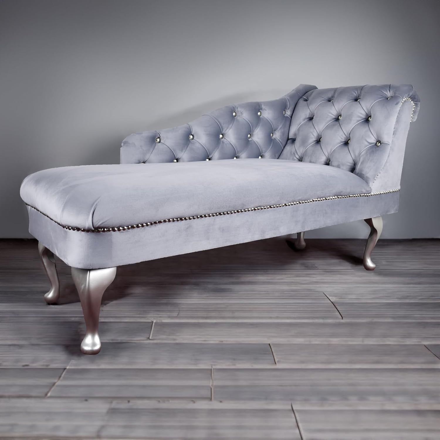 Velvet Chaise Lounge Sofa Right Hand Platinum – Tufted Seat, UK Handmade