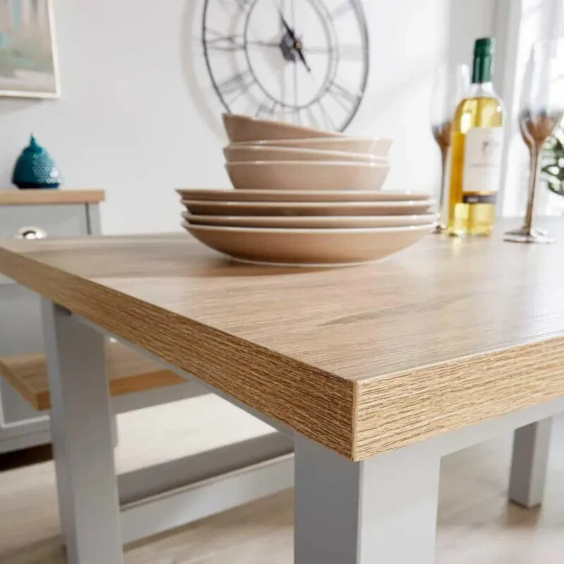 Oak Effect Dining Table & 2 Bench Set Grey Painted MDF Compact Kitchen Set