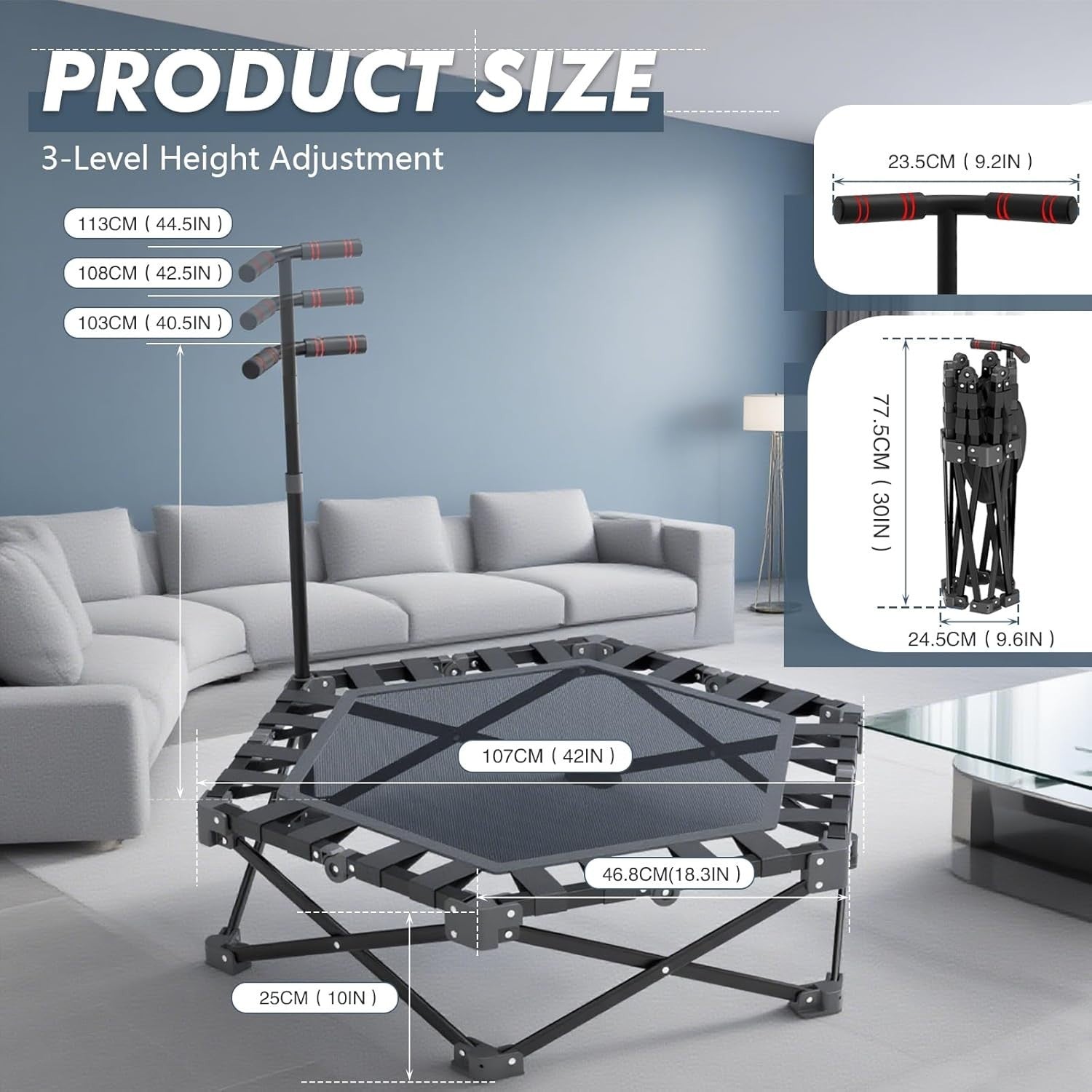 42” Fitness Trampoline Rebounder Adjustable Handle One-Click Fold 300KG