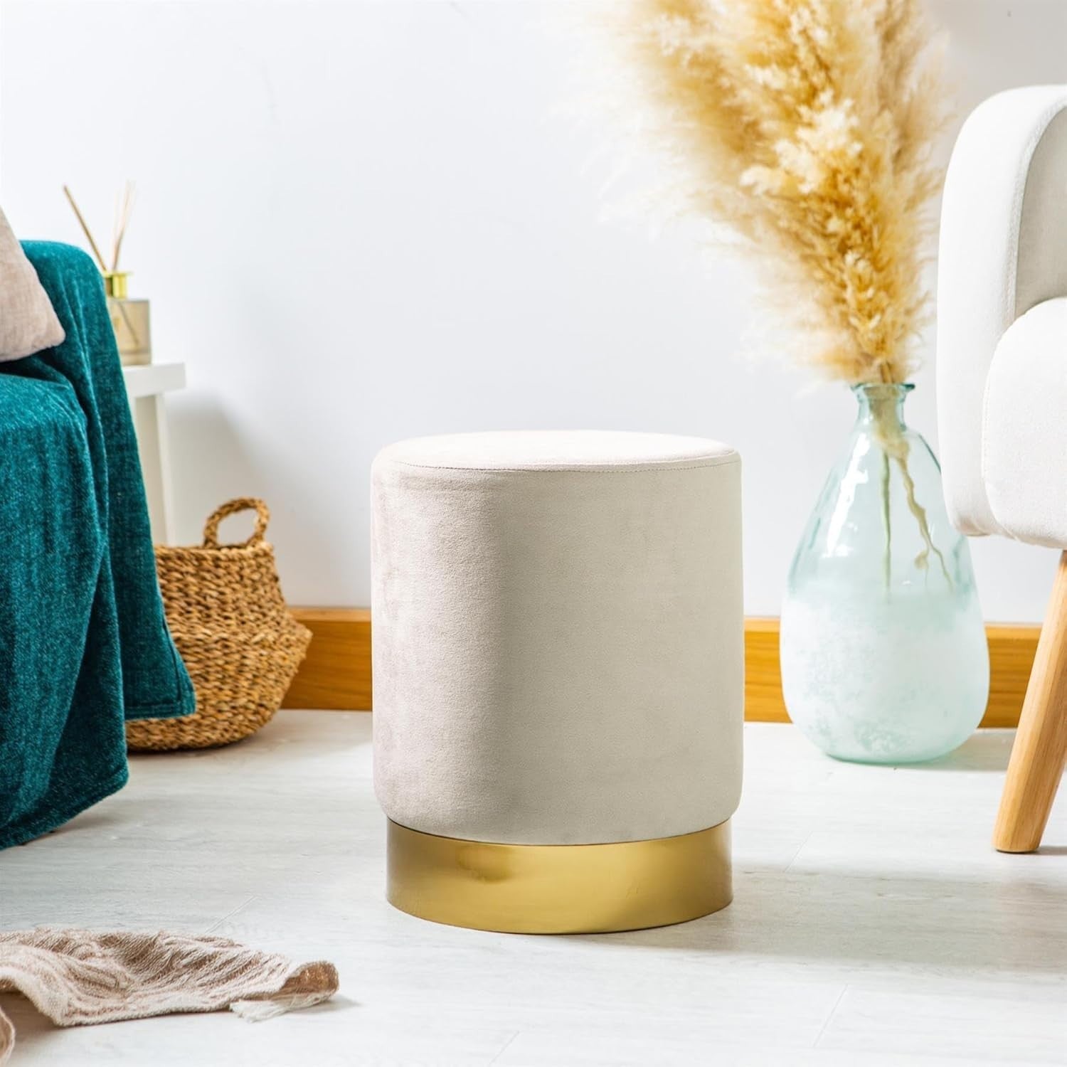 Set of 2 Cream Velvet Footstools Gold Base Round Modern Pouffe Seats
