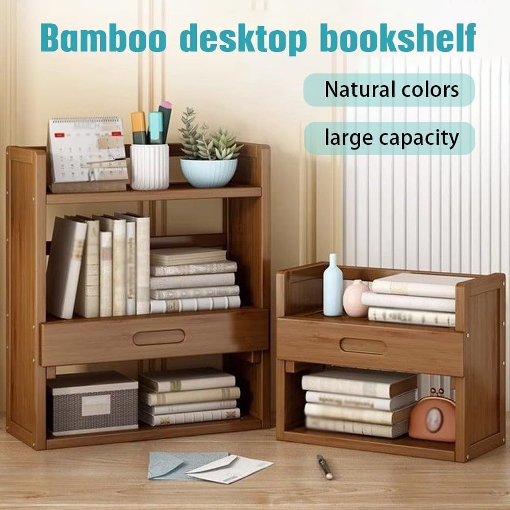 Bamboo Desktop Bookshelf Organizer w/ Drawer | 3-Shelf Desk Hutch 50cm