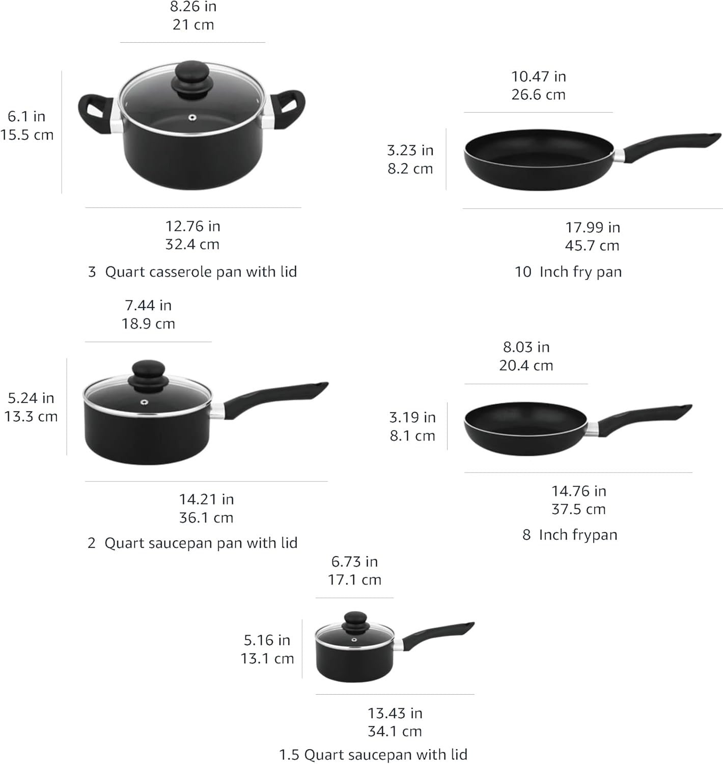 8pcs Non Stick Cookware Set – Frying Pans & Sauce Pans with Glass Lids Black