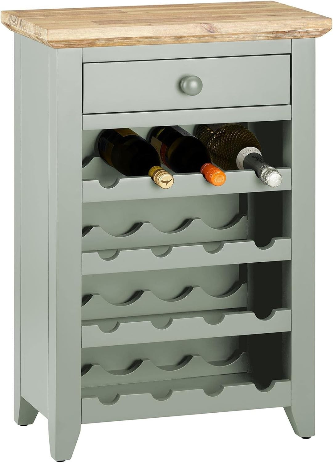 Sage Green Wine Rack Side Cabinet with Drawer | Holds 16 Bottles | Solid Wood