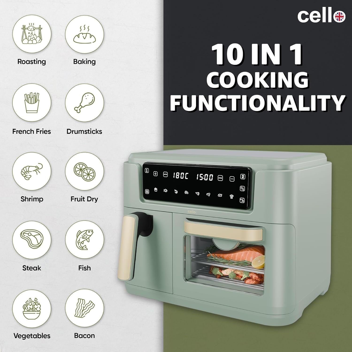 11L Dual Zone Air Fryer 2400W | 3.5L + 7.5L Drawers | 8-in-1 | Sage Green