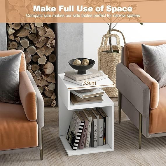 S-Shaped Side Table Set of 2 Modern Narrow Bedside Tables with Storage Shelves