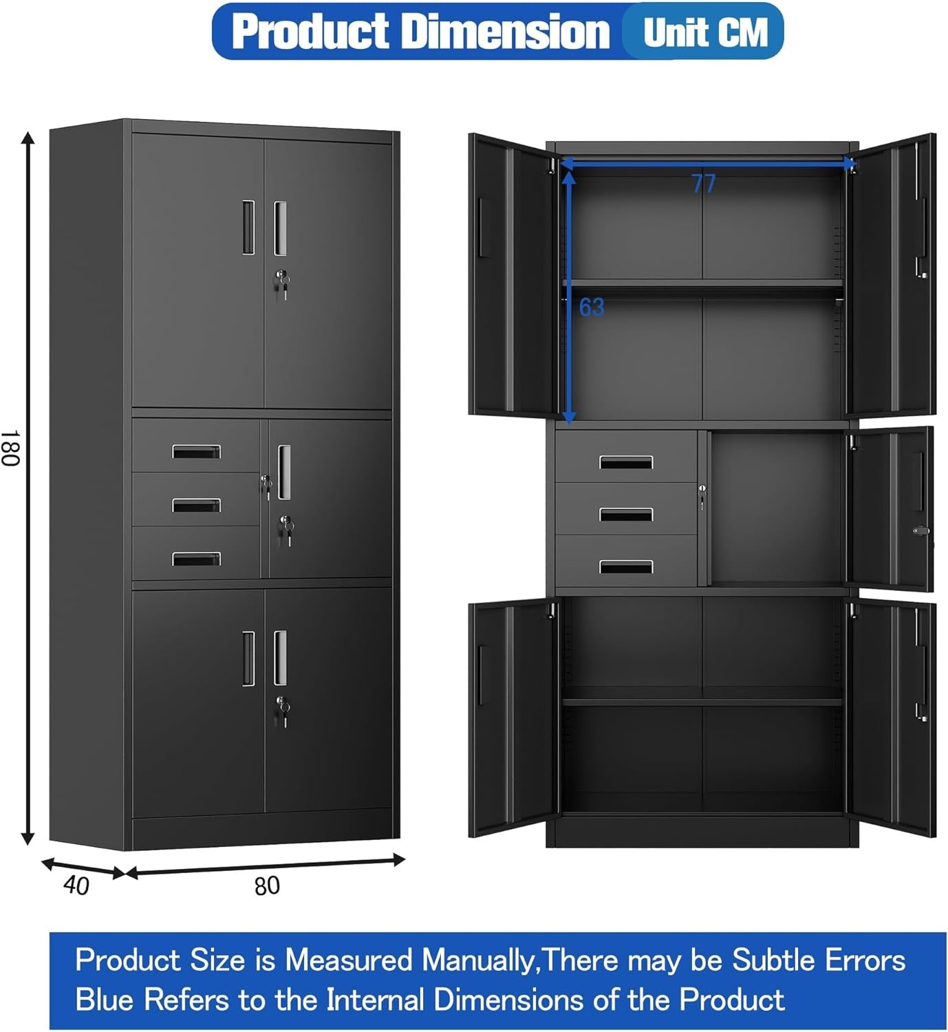 Metal Storage Cabinet 5 Door 3 Drawer Lockable Steel Cupboard 180cm Black