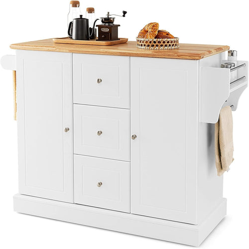 Large Mobile Kitchen Island Cart with Rubber Wood Top, Storage Drawers White