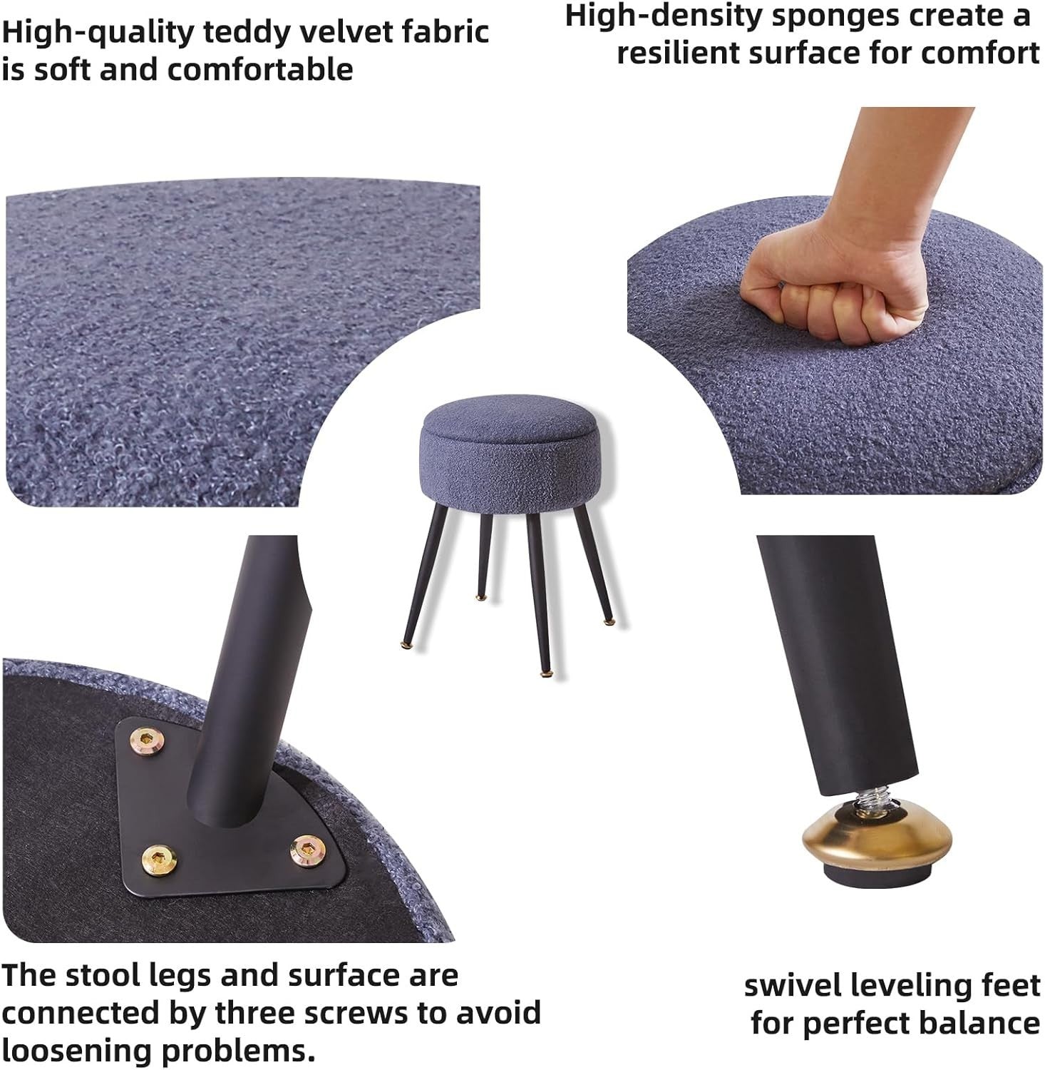 Blue Grey Round Vanity Stool with Storage – Teddy Fur Ottoman Chair