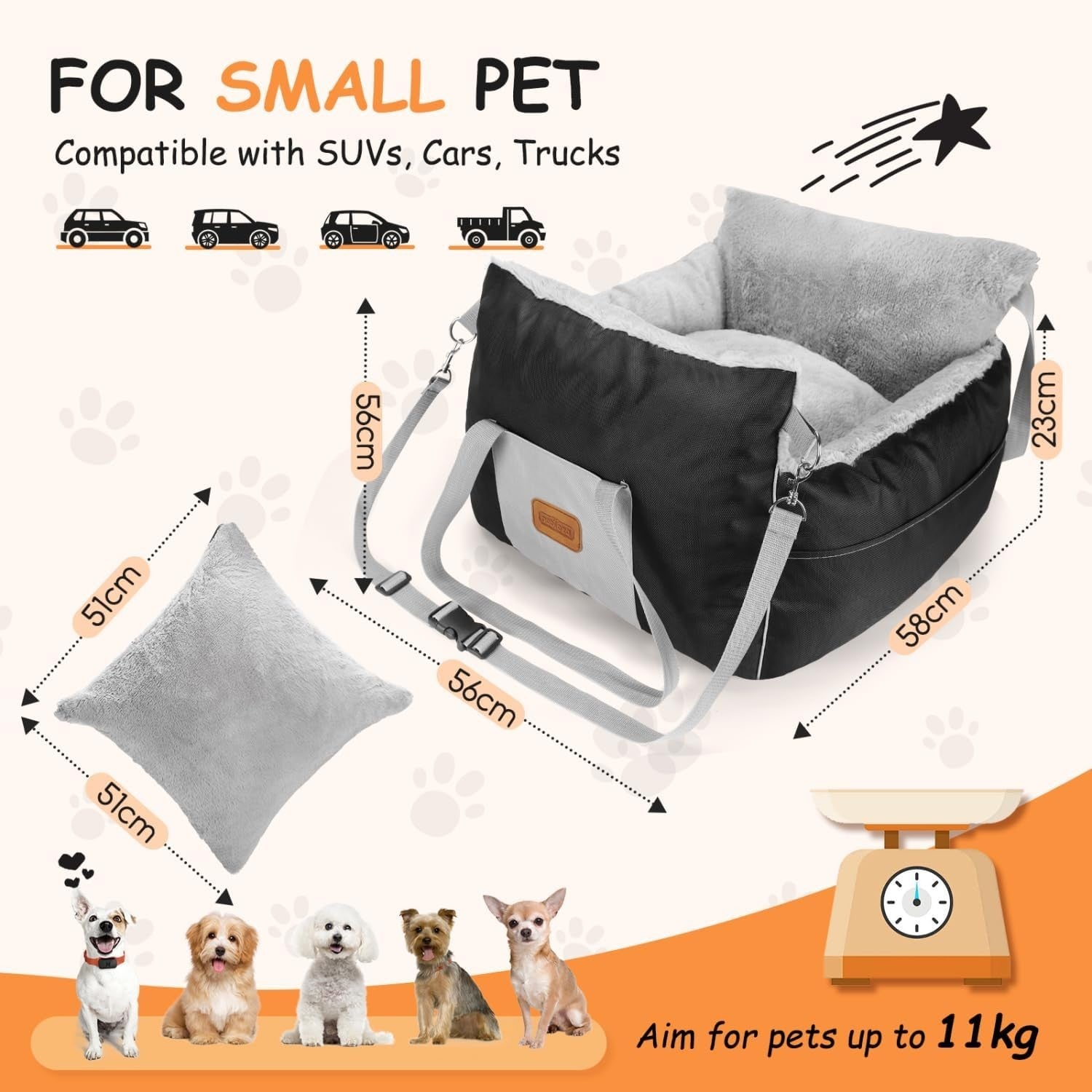 Waterproof Dog Booster Car Seat Plush Travel Bed w Safety Leash