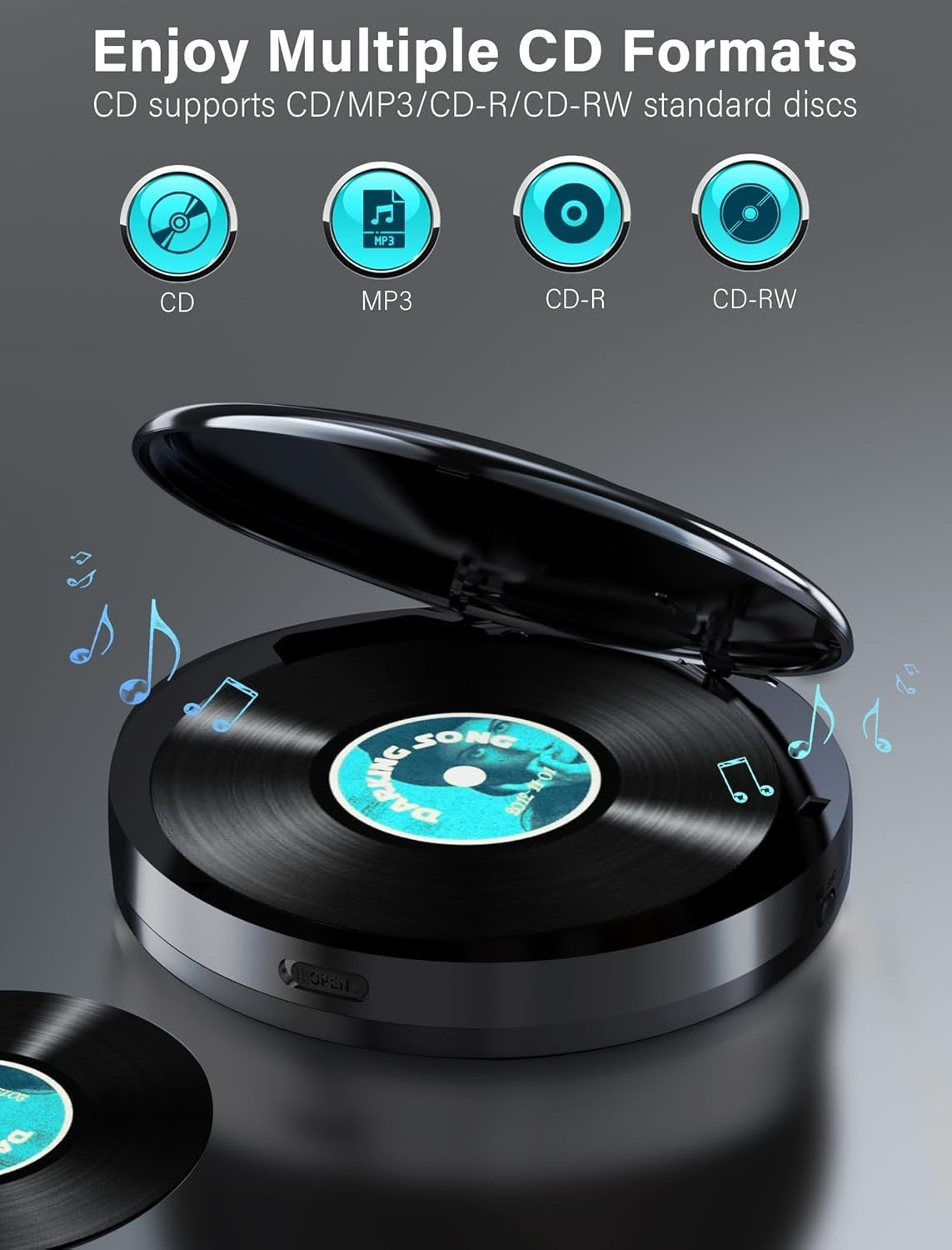 Rechargeable Discman CD Player Bluetooth FM Transmitter AUX LCD Grey