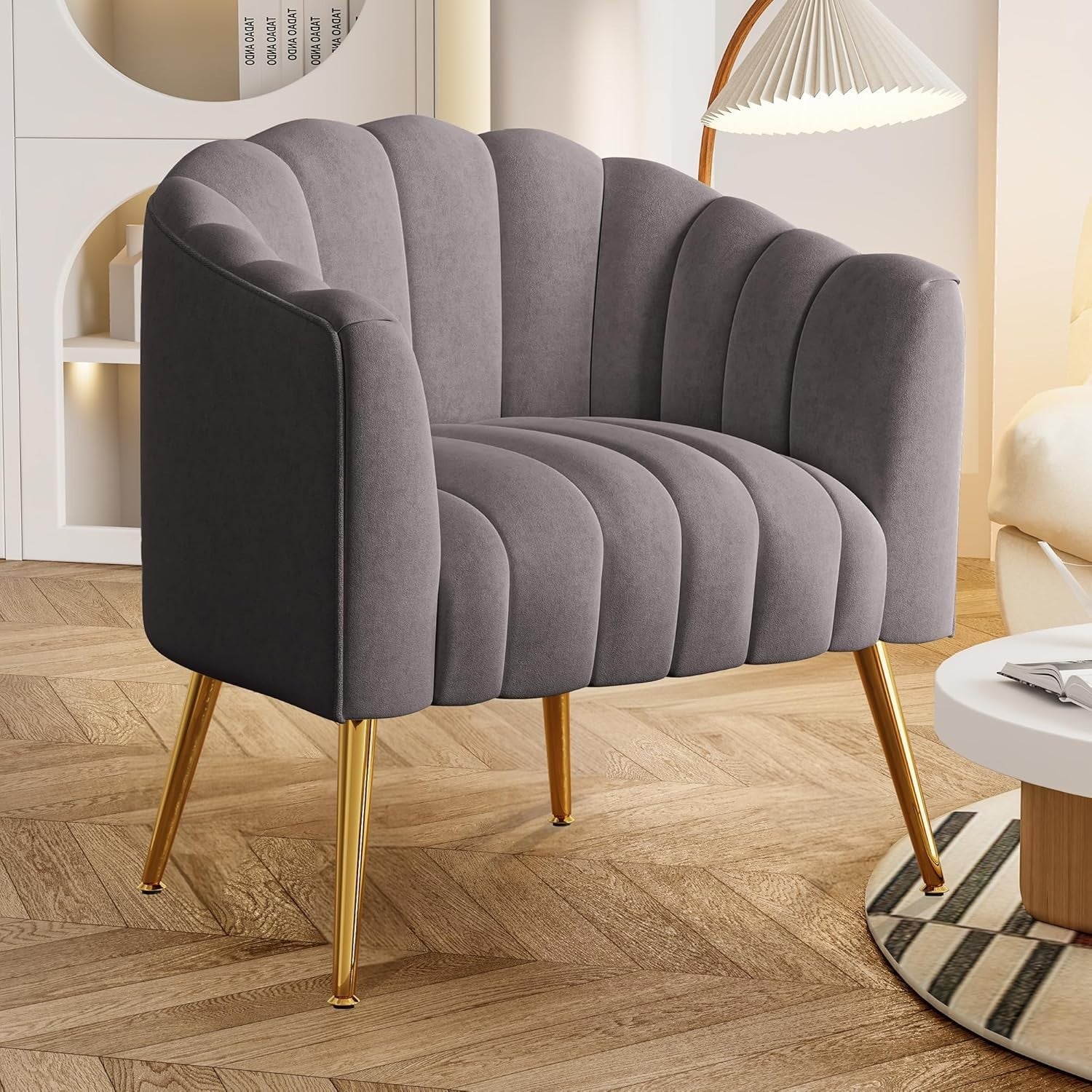 Oversized Grey Velvet Barrel Chair with Gold Legs | Luxury Comfy Accent Sofa
