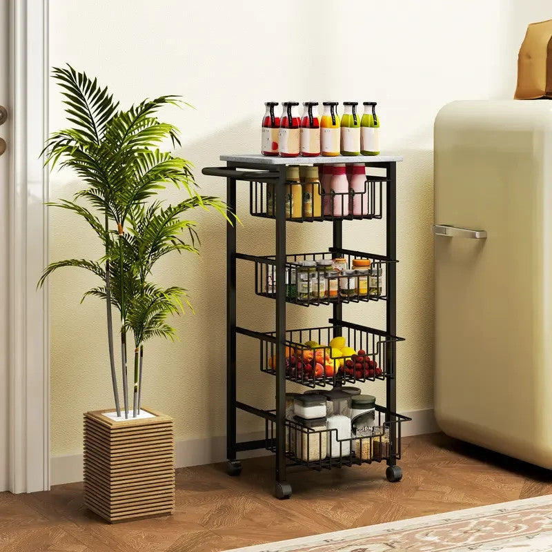 Mobile Kitchen Island Trolley with 4 Mesh Drawers & Marble Top