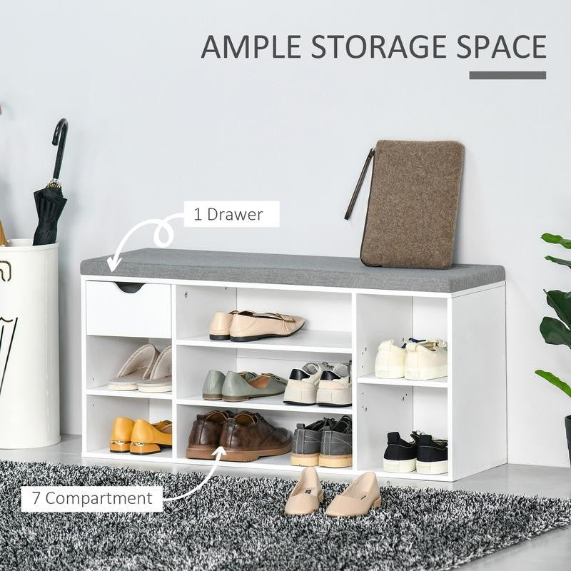 White Shoe Bench Seat with Drawer & 7 Adjustable Storage Compartments