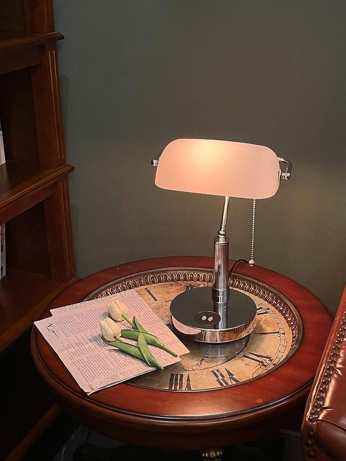 White Glass Desk Lamp with Wireless Charger & USB Port, Study Room Light