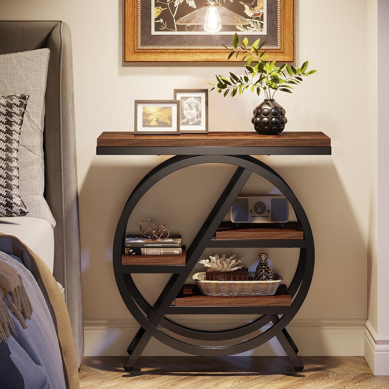 3-Tier Rustic Brown Side Table with Storage, Industrial Sofa & Nightstand