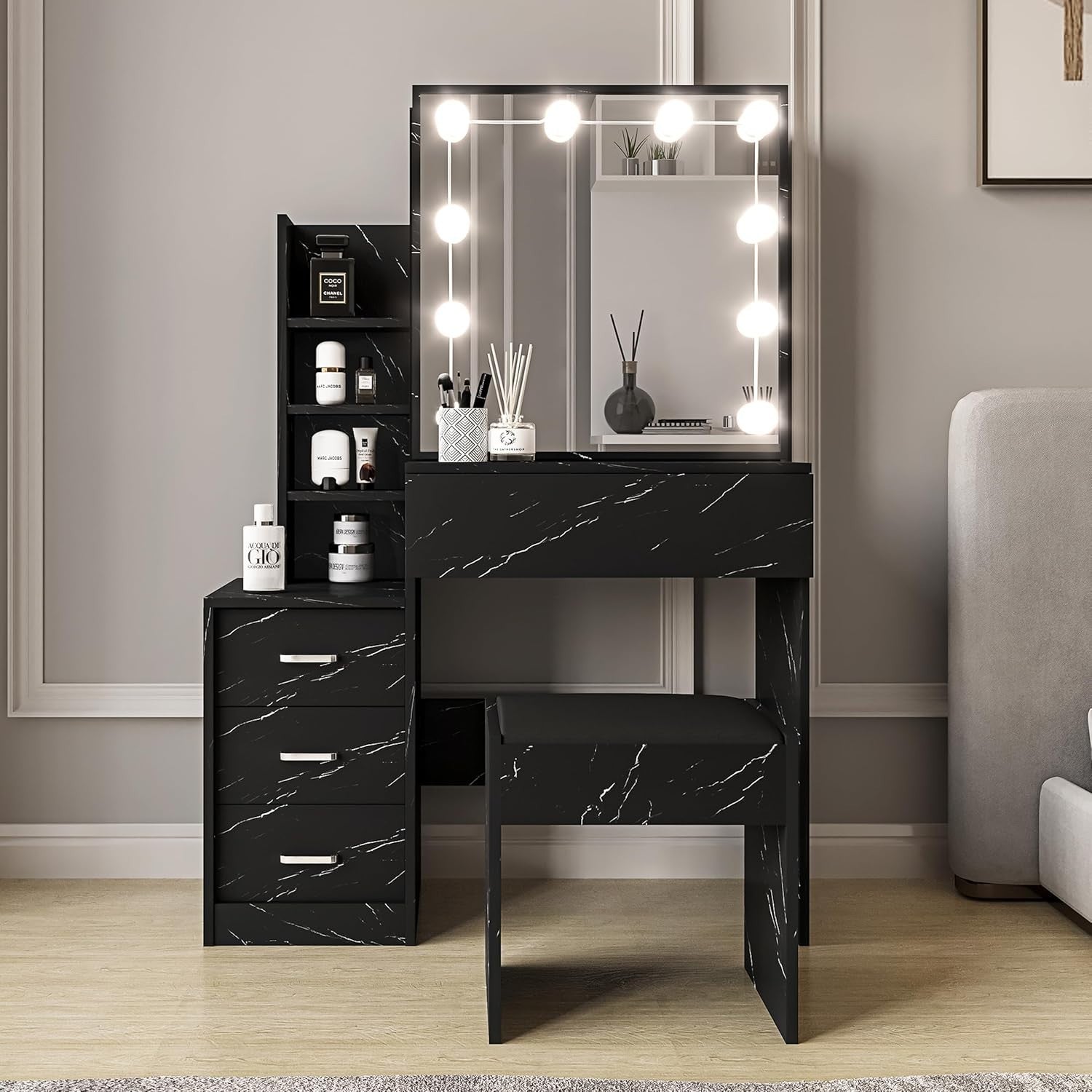 Wood Vanity Desk w/Sliding Lighted Mirror 2 Drawers Large Storage Shelves Set