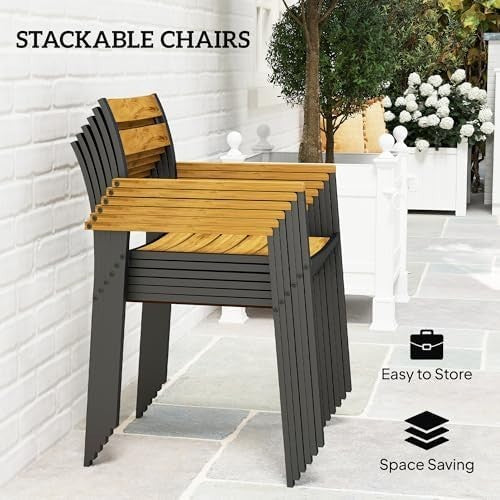 7 Piece Garden Dining Set Wooden Patio Table & 6 Chairs Parasol Hole