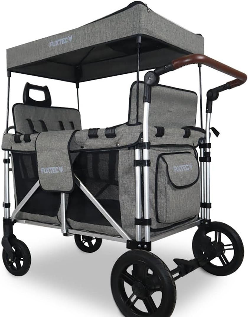 Premium Grey 4-Seater All-Terrain Kids Folding Wagon with Canopy & Safety Belts