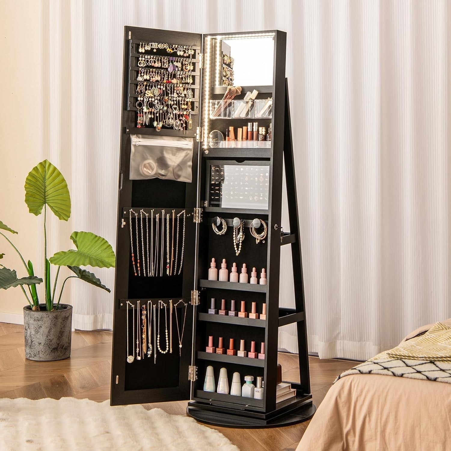 Black 360° Swivel LED Jewelry Cabinet Mirror Lockable 3-Color Storage