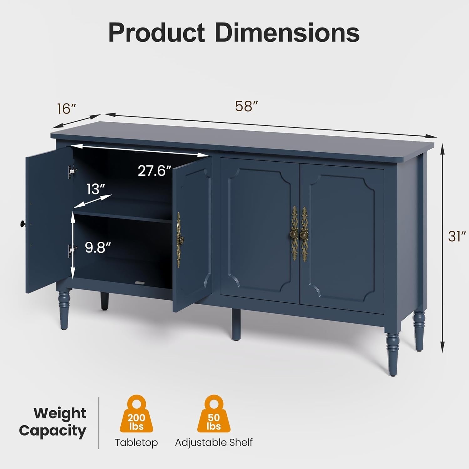 58" Mid Century Sideboard Cabinet with Storage, Adjustable Shelves, Blue