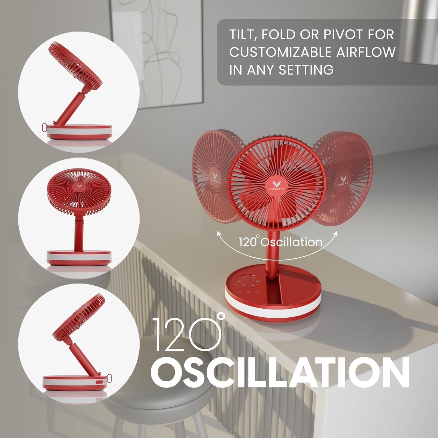 Portable Foldable Fan 4-Speed w Remote LED Light USB-C Rechargeable Red w/ Case