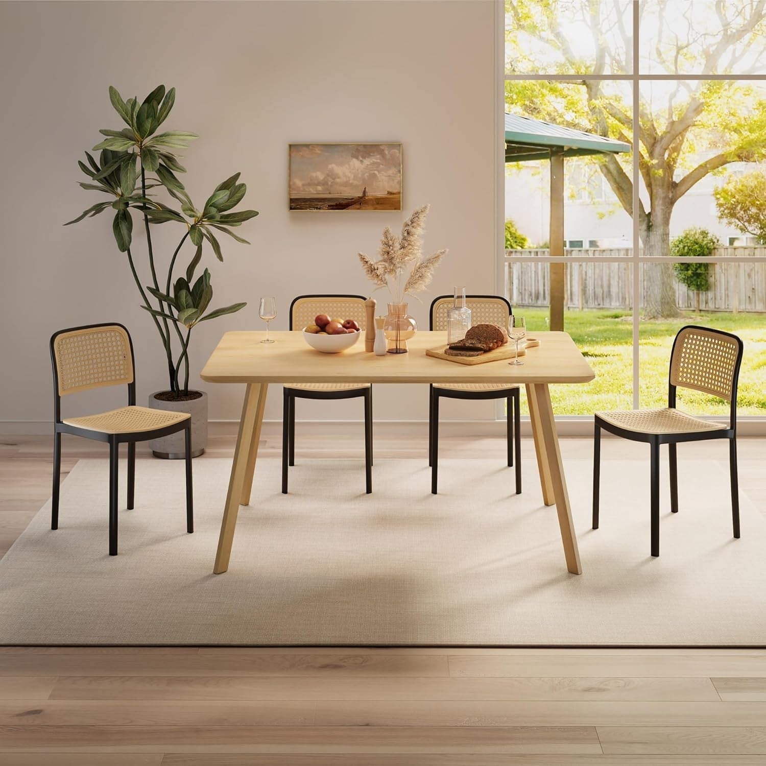 Set of 4 Rattan Effect Dining Chairs Stackable Black Boho