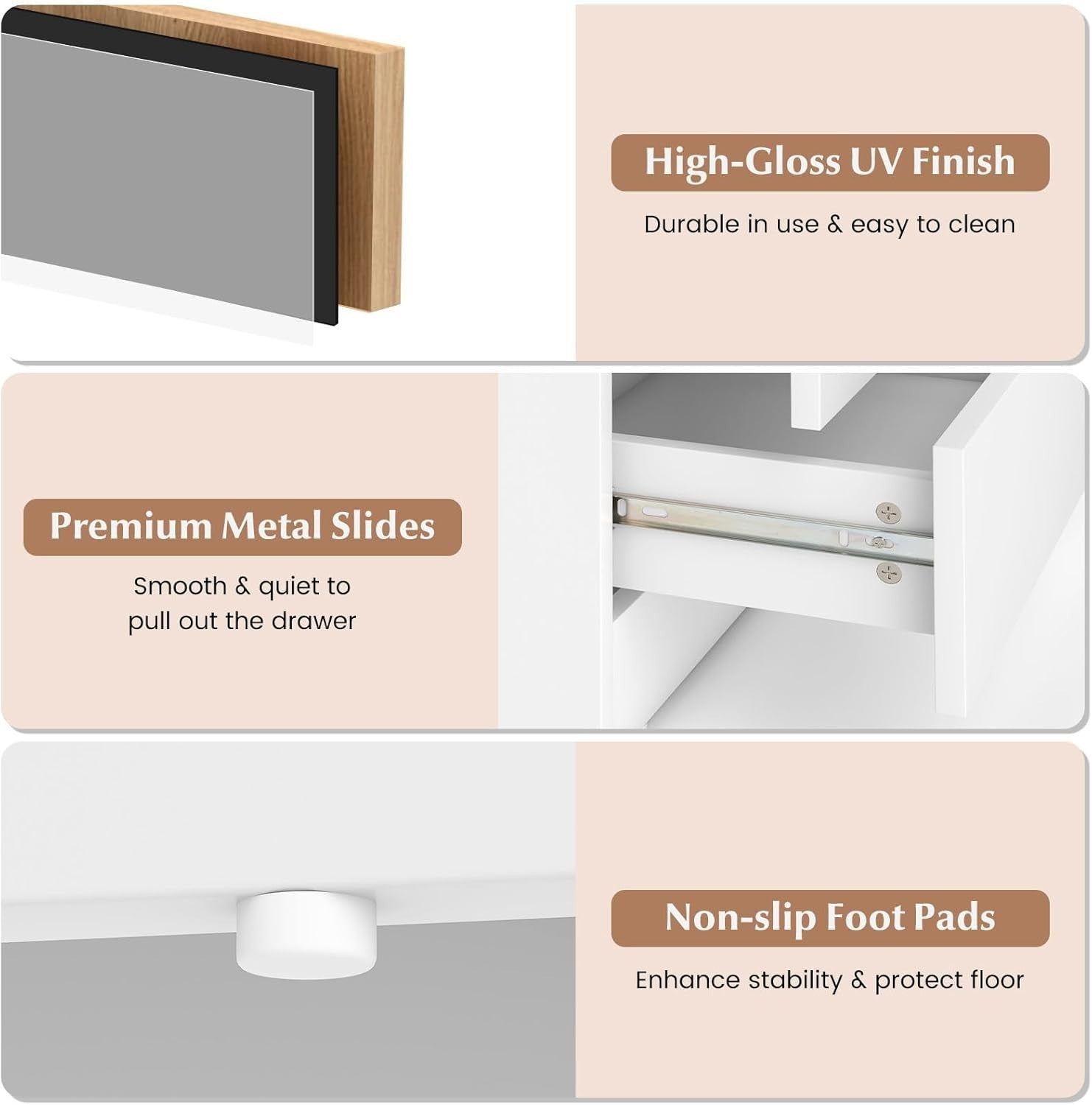 LED Bedside Table, White High Gloss Nightstand with RGB Lights & 2 Drawers