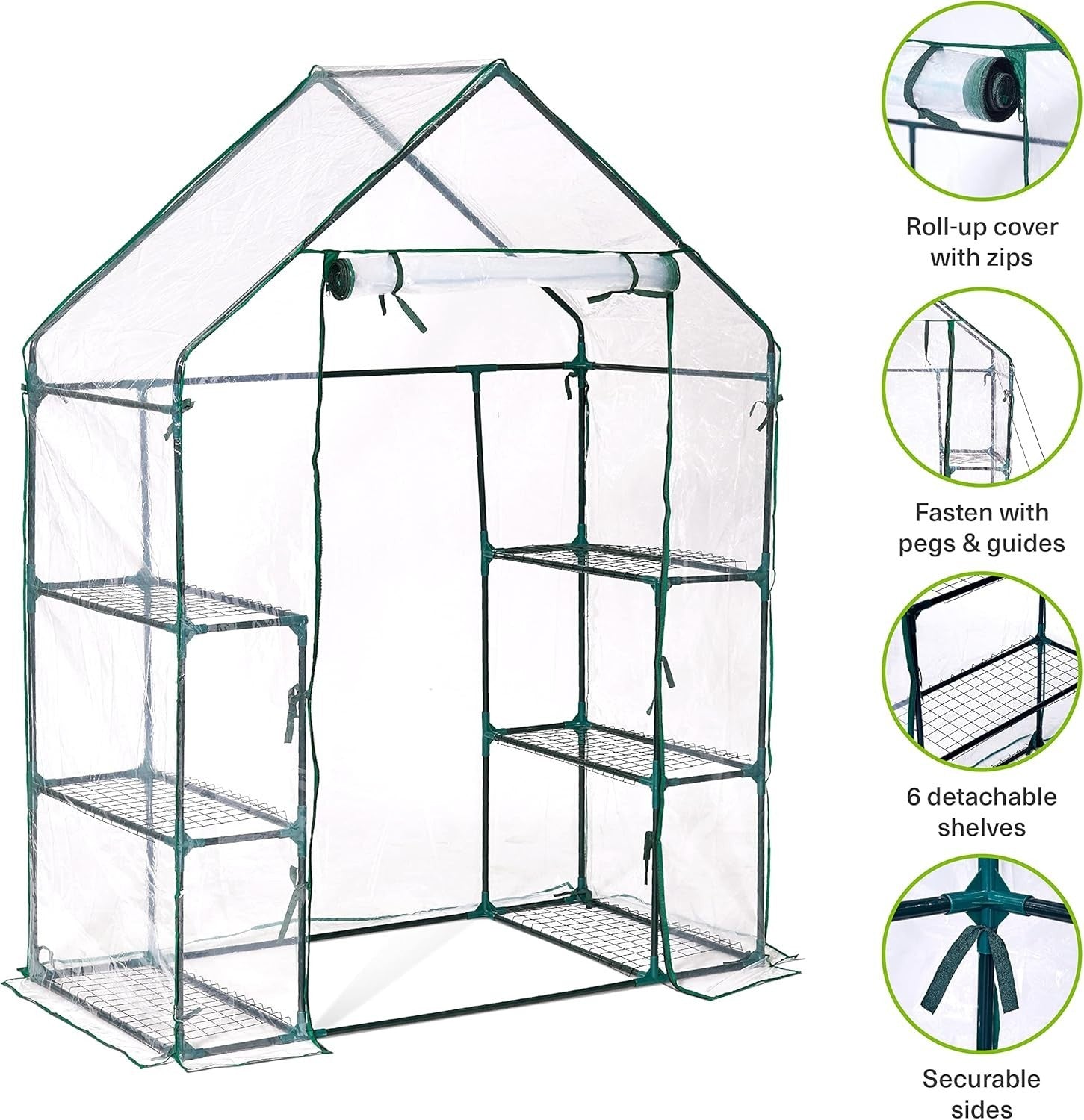 6 Tier Walk-In Greenhouse with Clear PVC Cover | Sturdy Steel Frame