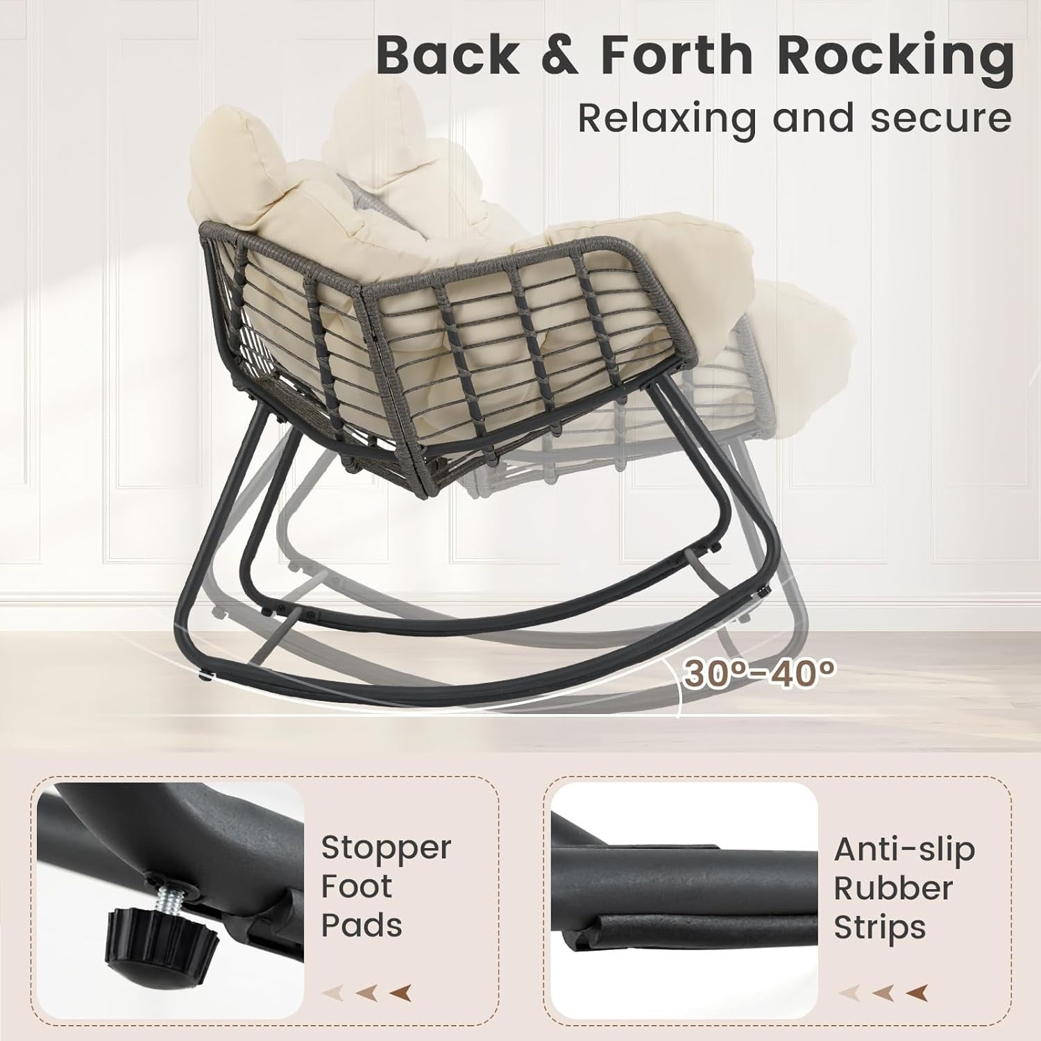 Egg Rocking Chair with Thick Cushion, Wicker Patio Seat, 100x98x89cm