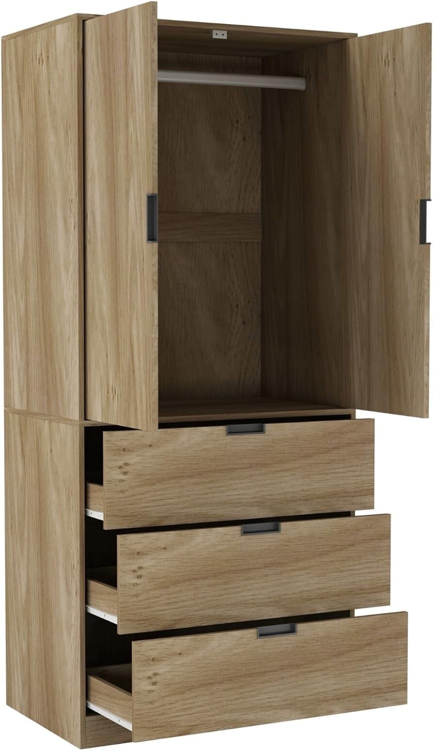 Oak 2 Door Wardrobe with Drawers | Tall Modern Clothes Storage Unit
