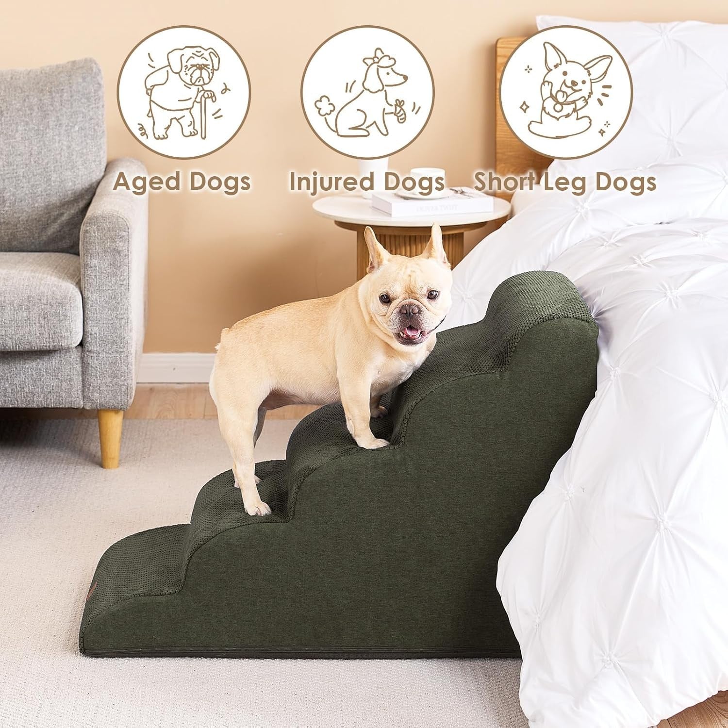 5 Step Dog Stairs for High Bed Non Slip Pet Steps Olive 83.5cm