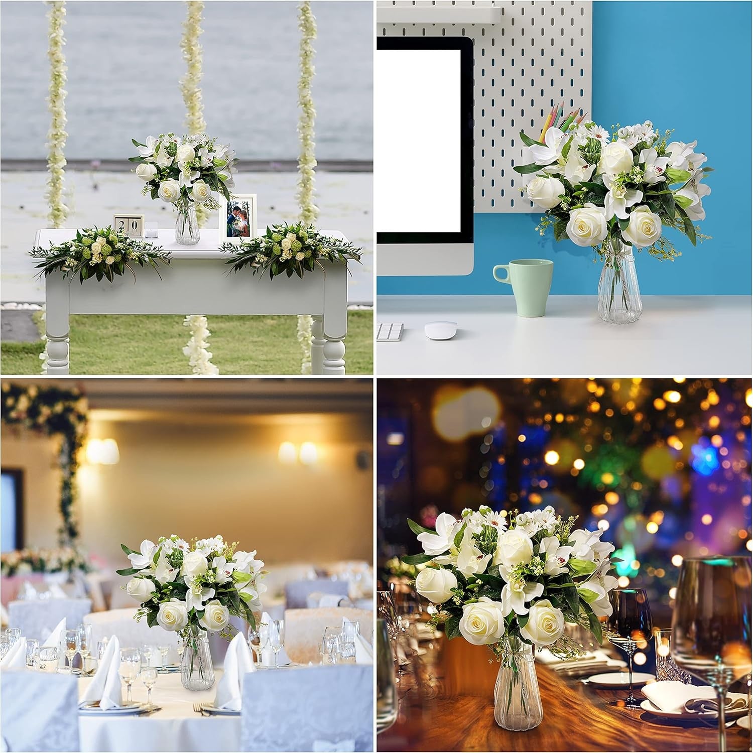 Artificial Flowers with Glass Vase White Rose Orchid Table Centrepiece