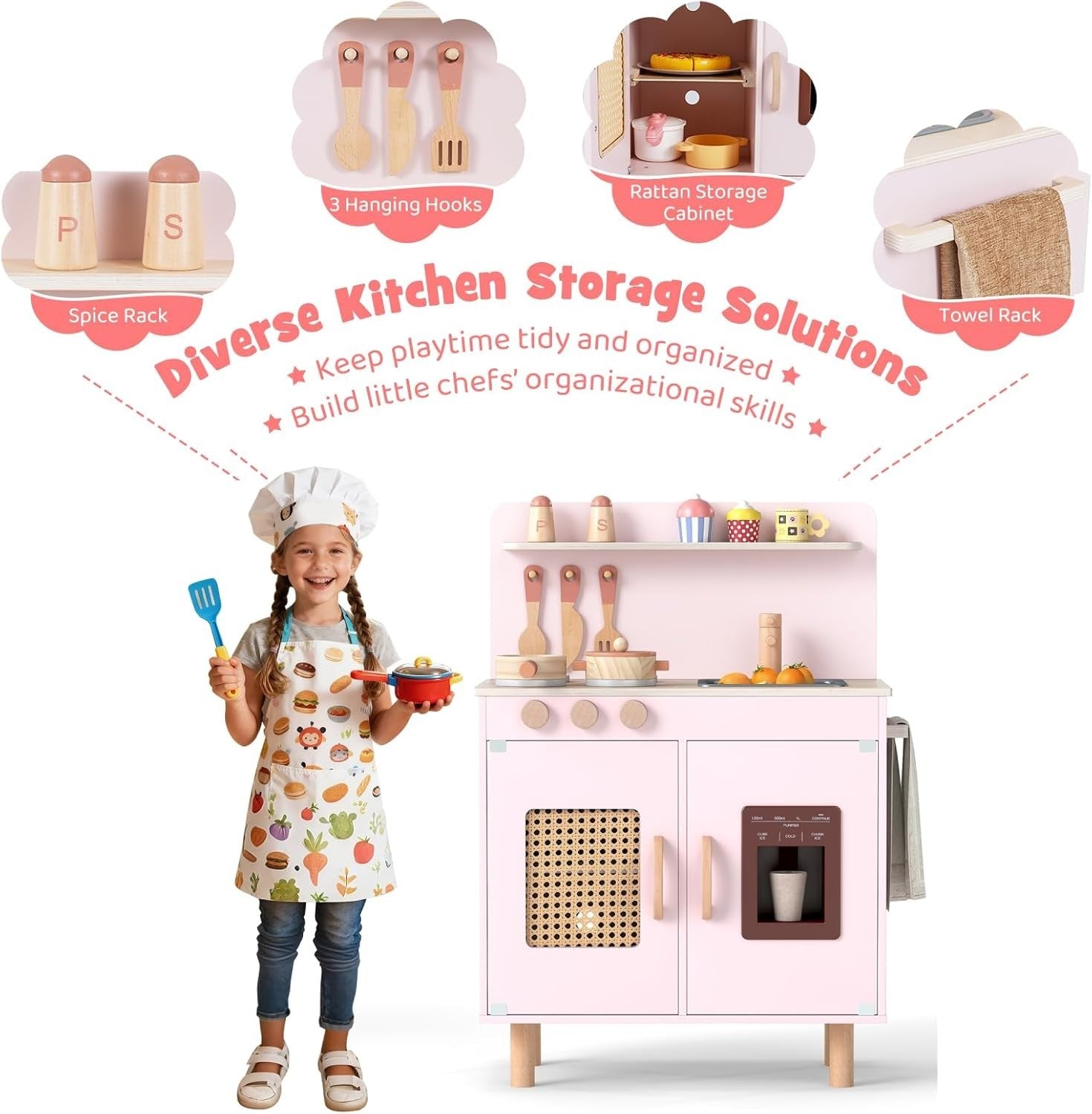 Wooden Kids Play Kitchen Pink w/ Ice Maker Sink Accessories Set