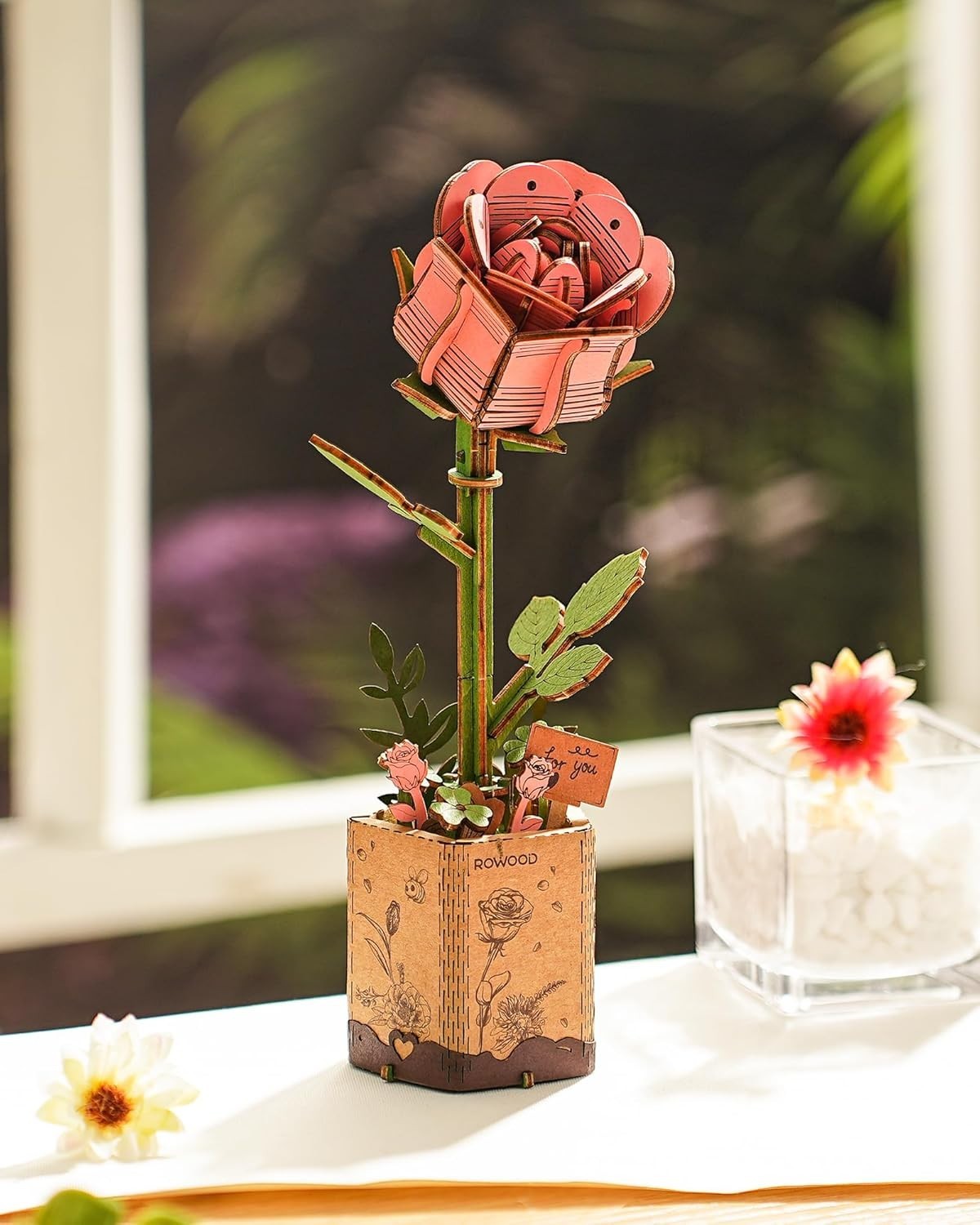 DIY 3D Wooden Pink Rose Flower Puzzle Kit – Unique Home Décor Gift